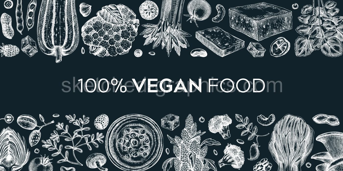 Vegan food banner on chalkboard. Healthy food background. Middle eastern cuisine frame. Hand drawn vegan meals and ingredients for menu, recipe, packaging design. Vegan food illustration Illustration